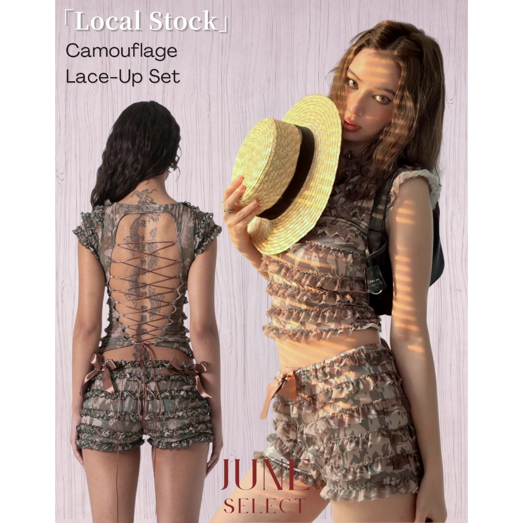 【June Studio Select】เซ็ตเสื้อสายเดี่ยวผูกเชือกแต่งขอบระบายสไตล์ Y2K หวานสดใส พร้อมกางเกงขาสั้น