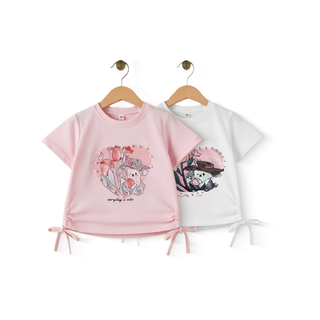 เสื้อเด็กผู้หญิง เสื้อยืดแขนสั้น เชือกรูด