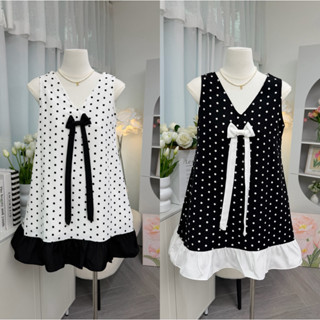 มินิเดรสแขนกุด เดรสแขนกุดลายจุดแต่งโบว์