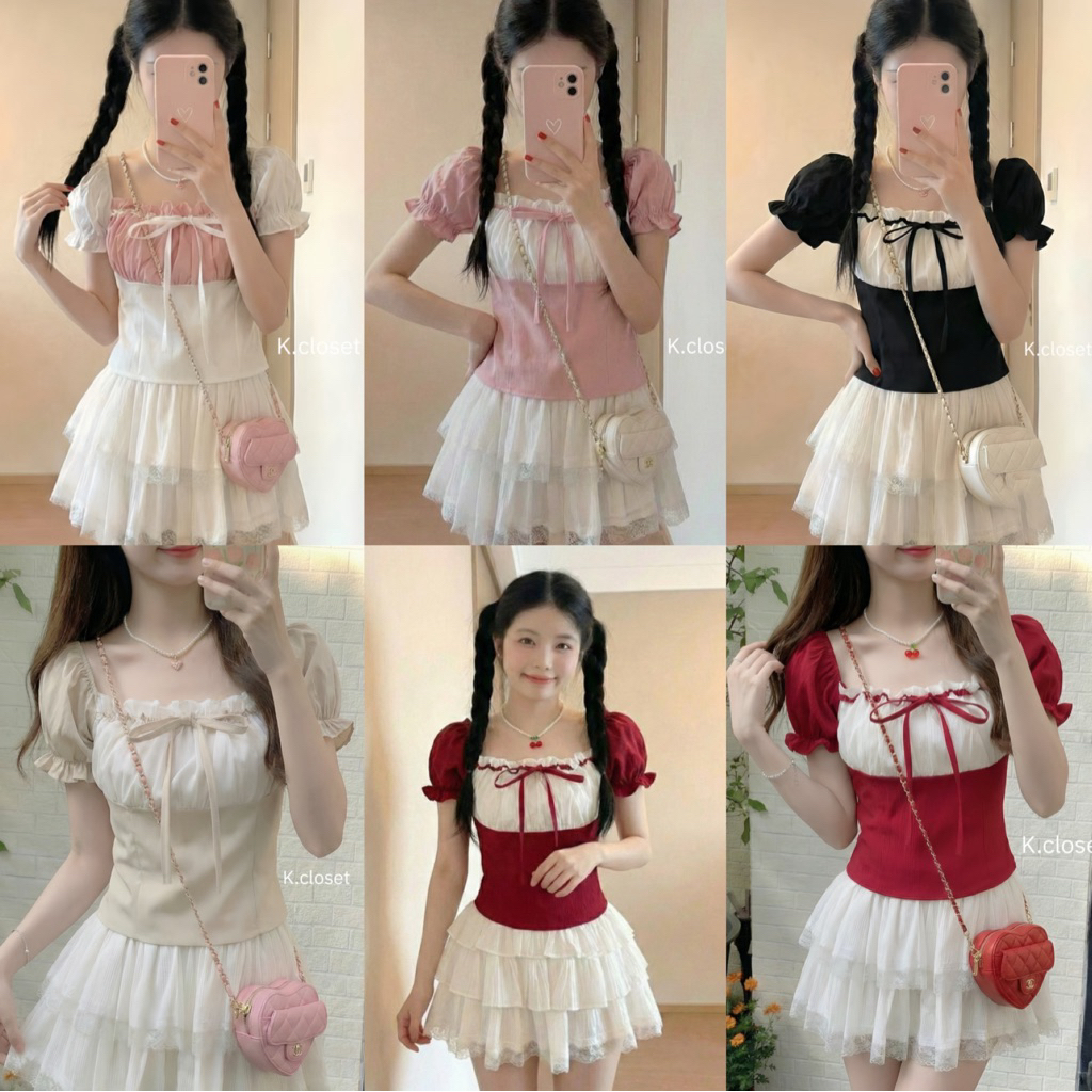 🧸DOLLY CROP TOP🧸 เสื้อแขนตุ๊กตาแต่งโบว์ด้านหน้า น่ารักสุดๆ🌈(เสื้ออย่างเดียว)