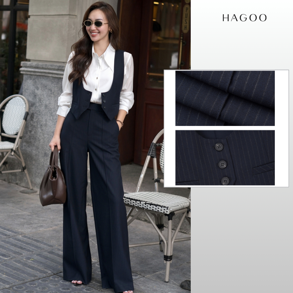 HAGOO เซ็ตทำงาน Vest คอ U จับคู่กางเกงทรงตรง ลายทาง สุภาพ [A9031-Q9031]