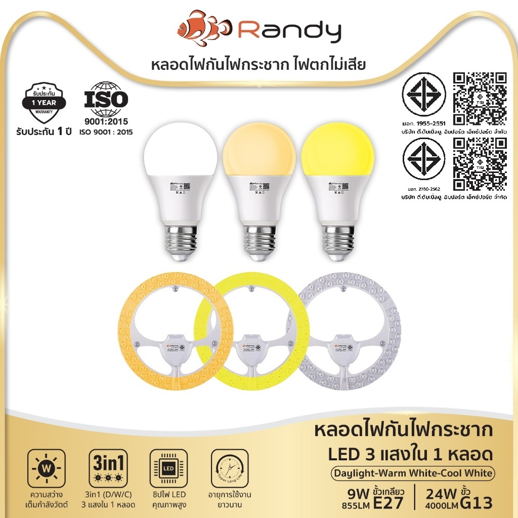 🌈กดสั่งซื้อ3ชิ้น ได้รับของแถม1ชิ้น🌈Randy มอก.หลอดไฟLED แผงไฟ3สี ในหลอดเดียว LED Bulb 9W 24W หลอดแอลอีดี LAMP ใส่ขั้วE27