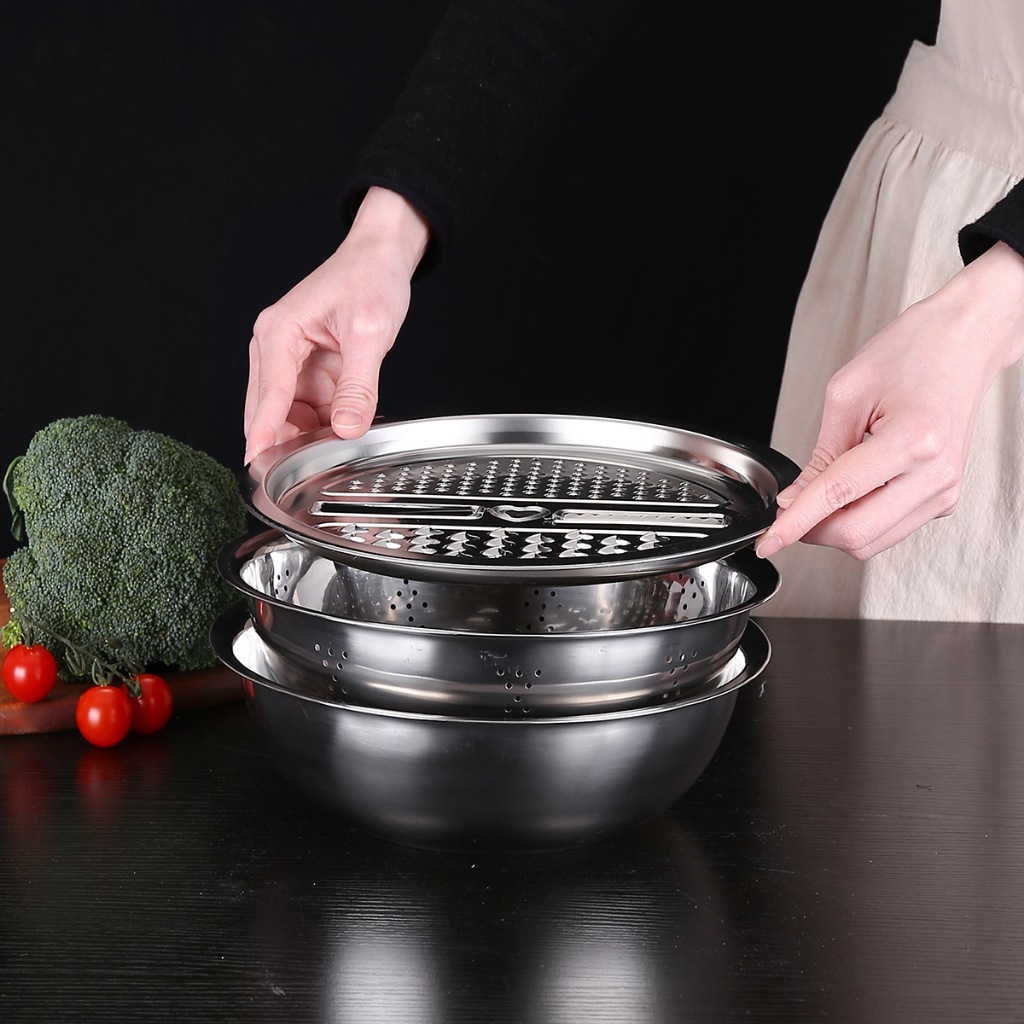 กะละมัง3in1 แถมฟรี!! แผ่นสไลด์ผัก หั่น/สไลด์/ขูดฝอย ขูดมะละกอ ชามผสม ชามสแตนเลส กะละมังสแตนเลส - รูปที่ 6