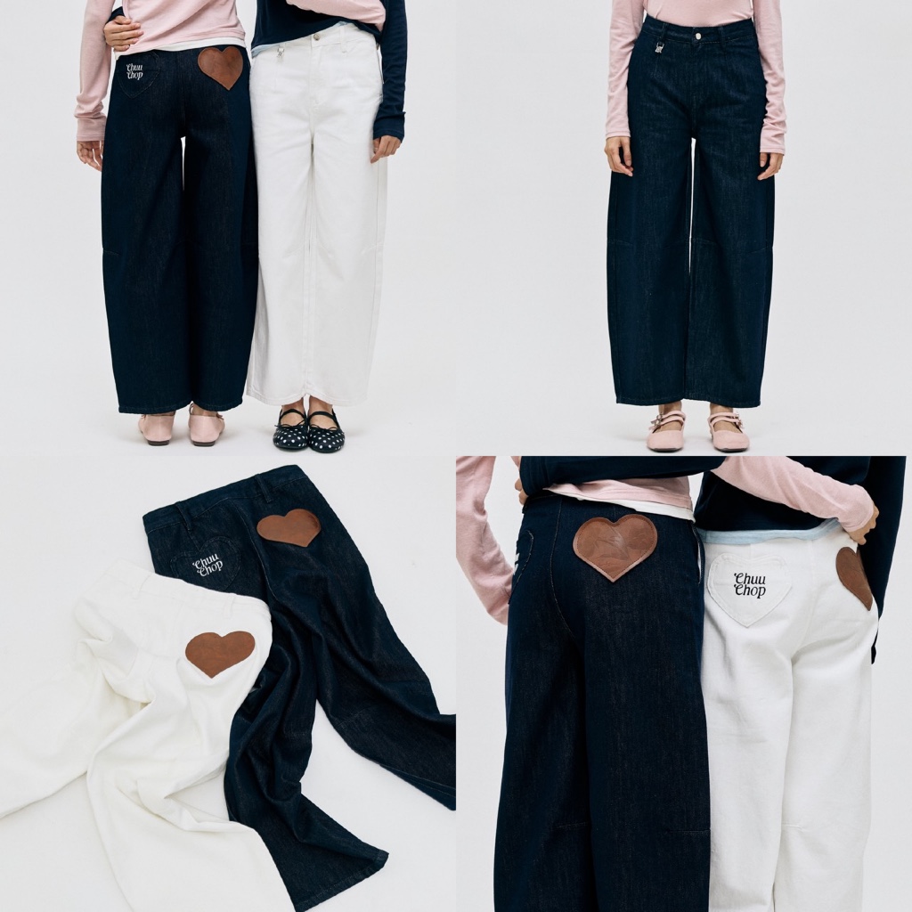 (พร้อมส่ง) CHUUCHOP - (XS-4XL) Xinxin Barel Jeans กางเกงยีนส์ขายาวทรงบาเรล แต่งกระเป๋าหนังรูปหัวใจ (C8487)
