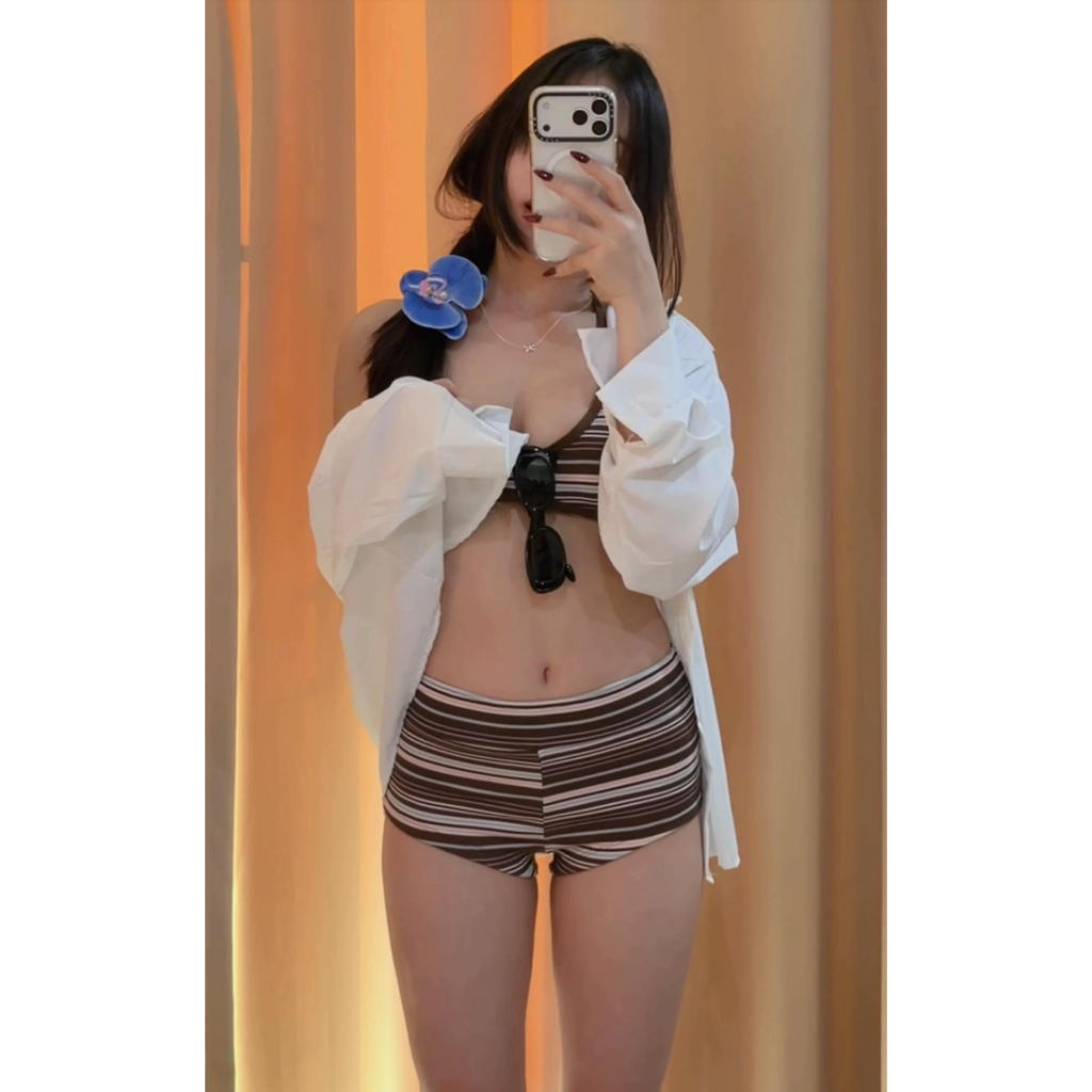 ☀️จัดส่งตอนนี้☀️ บิกินี่ทูพีช swimsuit bikini เว้าหลัง ลายทางสไตล์เรโทร เที่ยวทะเล#0988 - รูปที่ 2