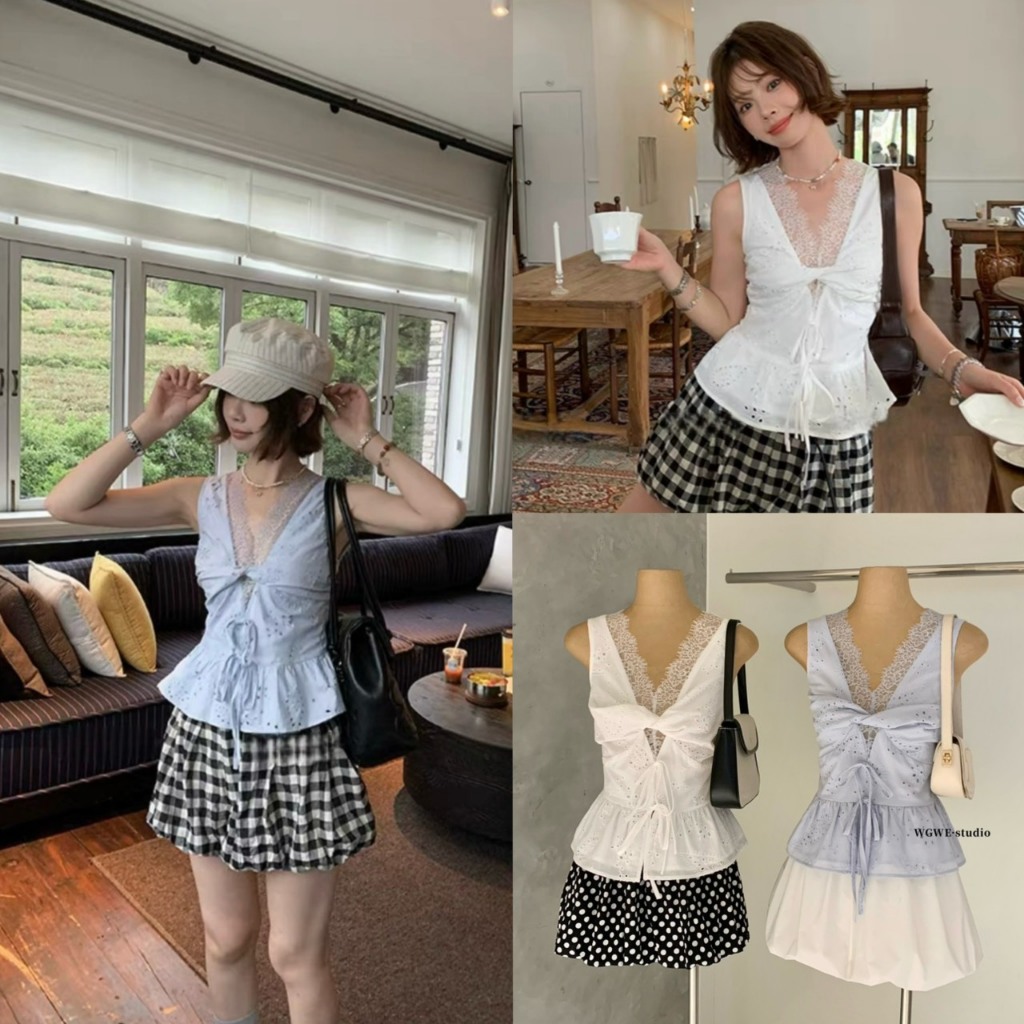 (พร้อมส่ง) เสื้อคอวีแต่งผ้าลูกไม้รุ่น 8467 TAG WG.WE 🇰🇷