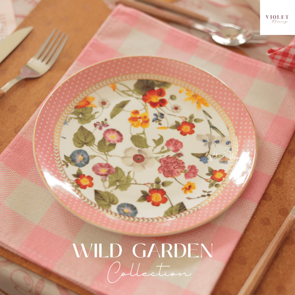 Violet Flamingo - Wild Garden Collection - จานกลม 8 นิ้ว จานขนาดกำลังดีสำหรับขนมปัง เค้ก จานของว่าง จานเซรามิคลายดอกไม้