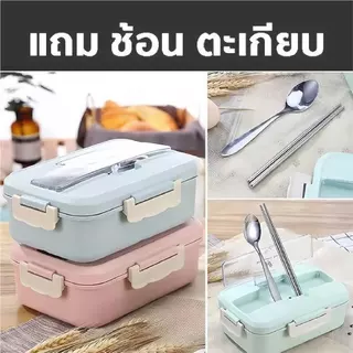 กล่องข้าว ไมโครเวฟ พร้อมช้อนตะเกียบสแตนเลส กล่องข้าวฟางข้าวสาลี ใส่ไมโครเวฟได้ วัสดุข้าวสาลี