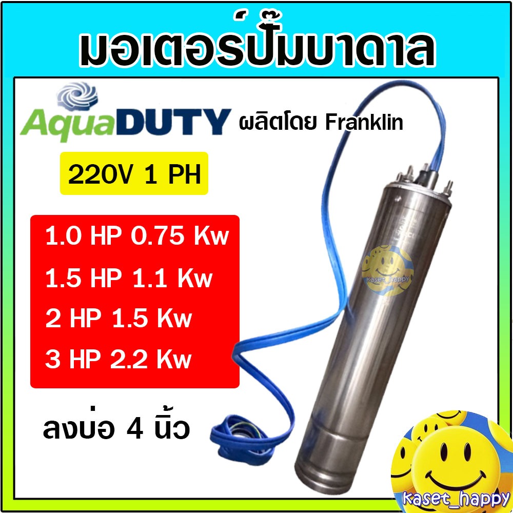 Aquaduty มอเตอร์ ปั๊มน้ำบาดาล ซัมเมอร์ส 1, 1.5 , 2 , 3 แรง ขนาด 4 นิ้ว 1 เฟส 220 โวลต์ (ผลิตโดย Franklin)