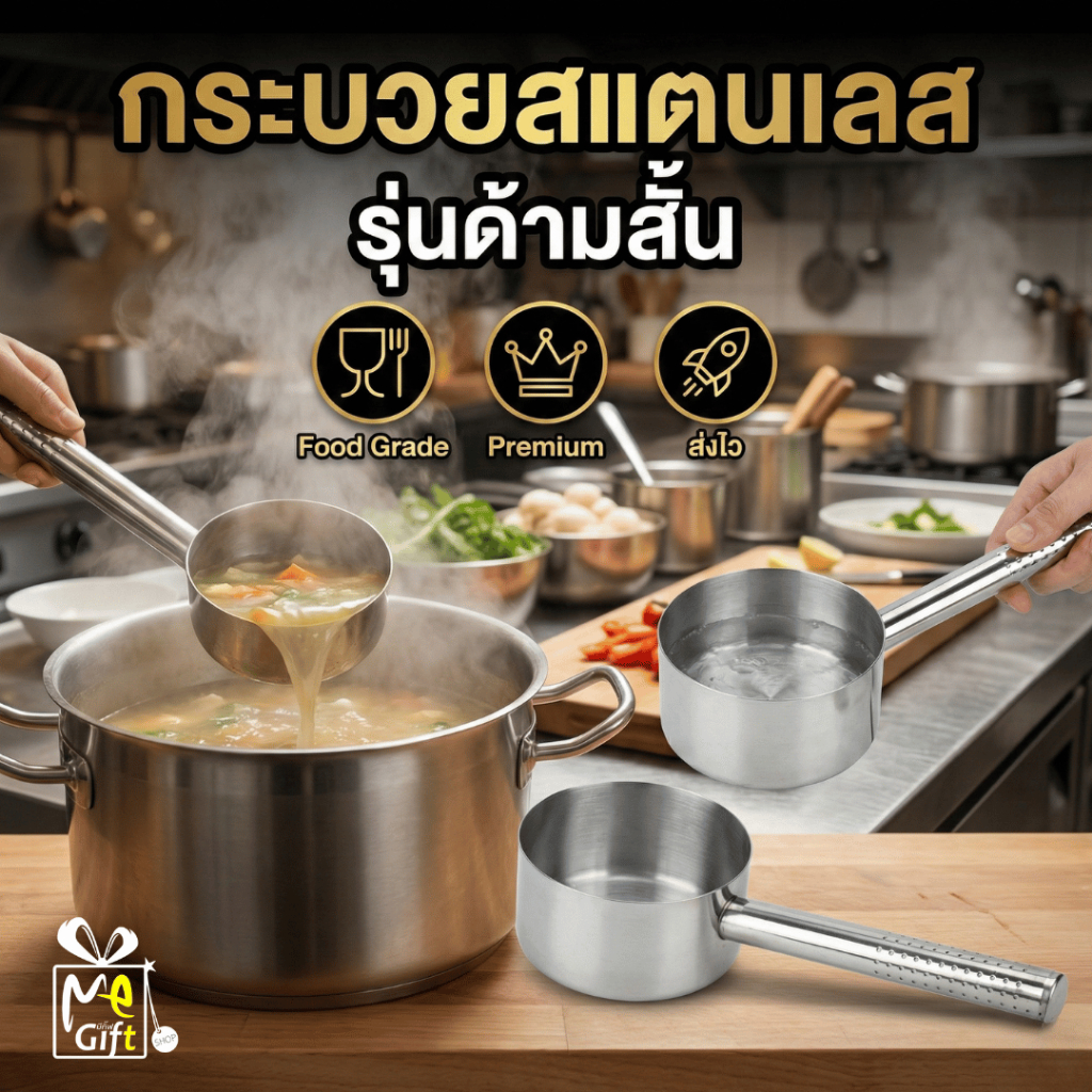 กระบวยสแตนเลส ด้ามสั้น Food Grade อย่างหนา ขันน้ำสแตนเลส ที่ตักซุป ตักน้ำแกง ทนร้อน ไม่เป็นสนิม พร้อมส่งTH
