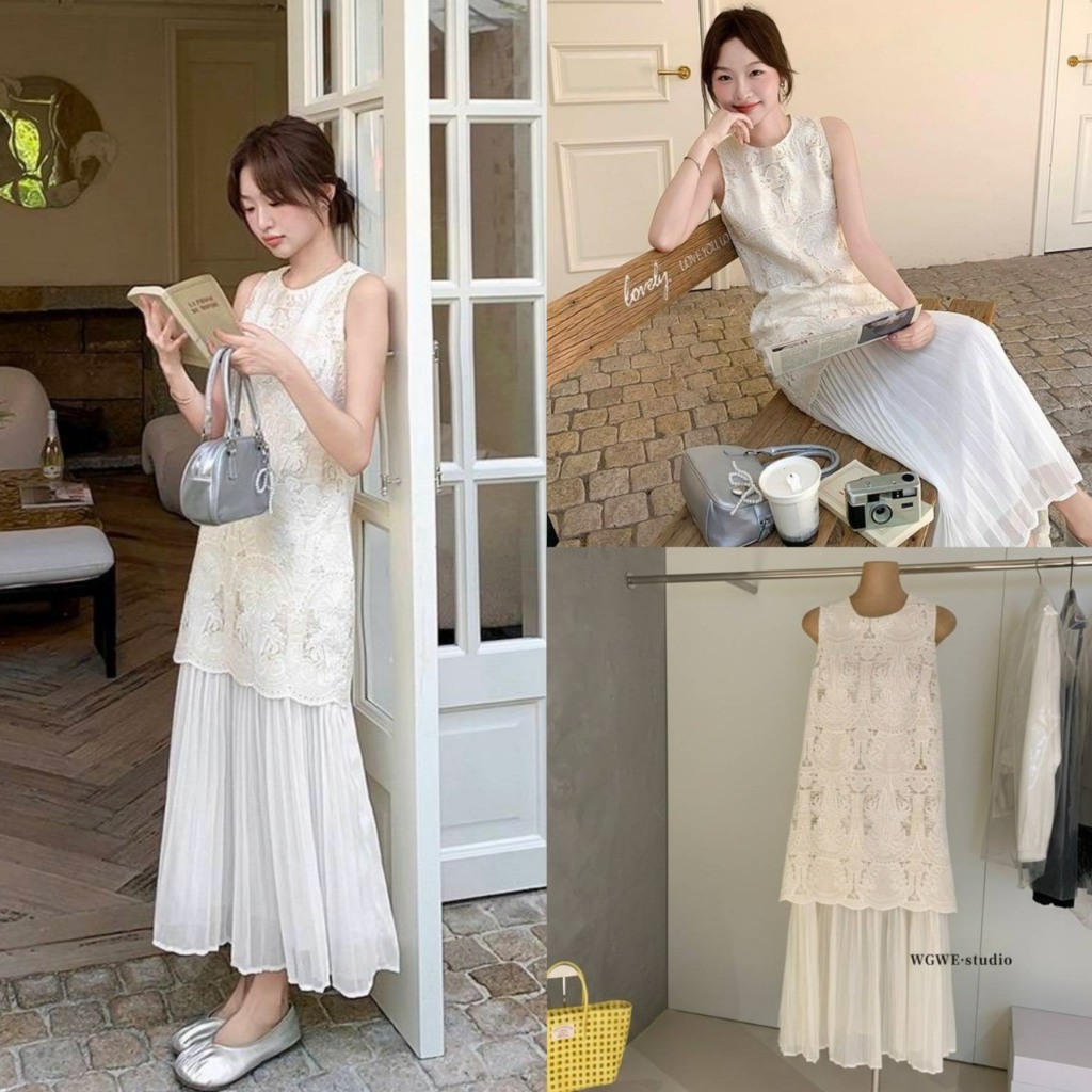 (พร้อมส่ง) Maxi dress ผ้าลูกไม้ฉลุลายรุ่น 8436 TAG WG.WE 🇰🇷