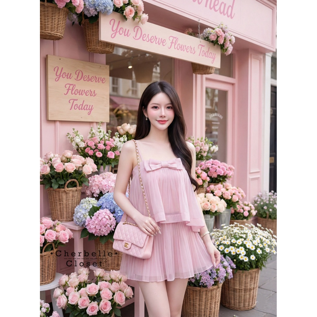 Cherbelle Closet (เช็คก่อนสัาง):Set  เสื้อสายเดี่ยวเกาะอกผ้าอัดพลีท+กระโปรงอัดพลีท(XS SML) - รูปที่ 2