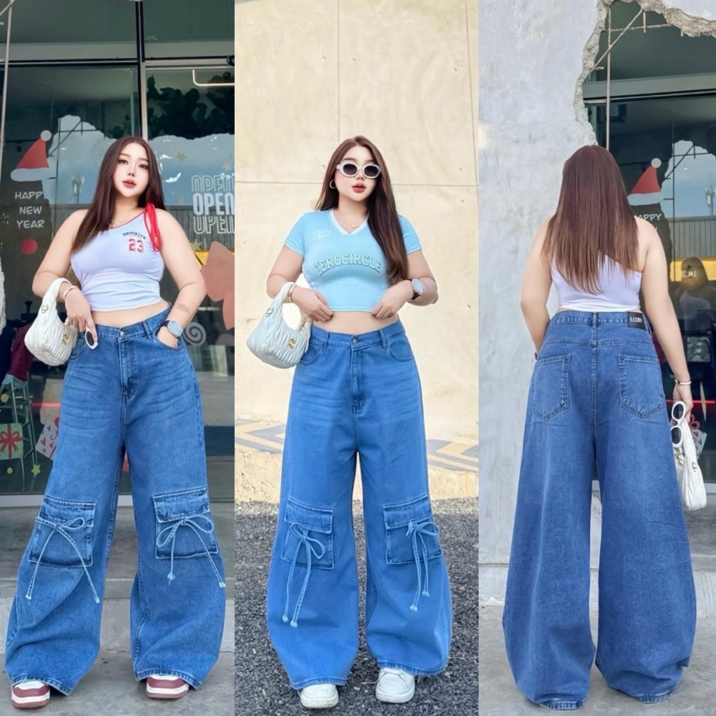 Baggy jeans bag bow กางเกงยีนส์ทรงบัคกี้ กระเป๋าแต่งเชือกผูกโบว์ ทรงสวย งานตัดไซส์ใหญ่โดยเฉพาะ