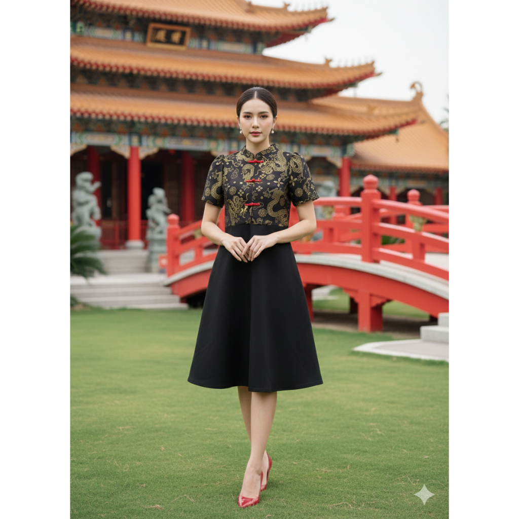 ชุดเดรสคอจีน เสื้อกั๊กสีดำ ลายมังกรทอง กระดุมหลอกสีแดง กระโปรงทรงย้วย สีดำ