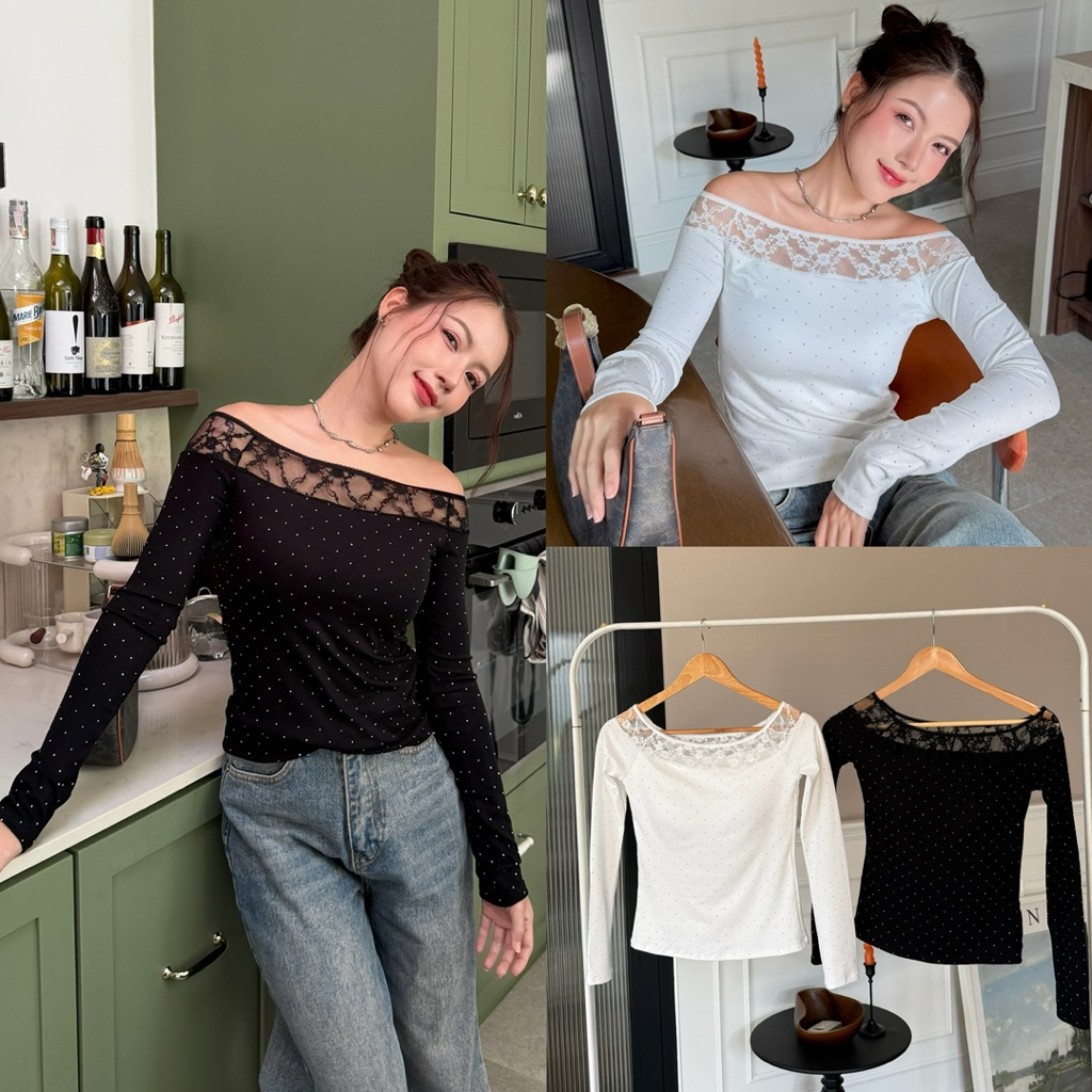 M08-เสื้อปาดไหล่ลูกไม้แขนยาว รุ่น Elegant Lace Dot มีฟองน้ำ