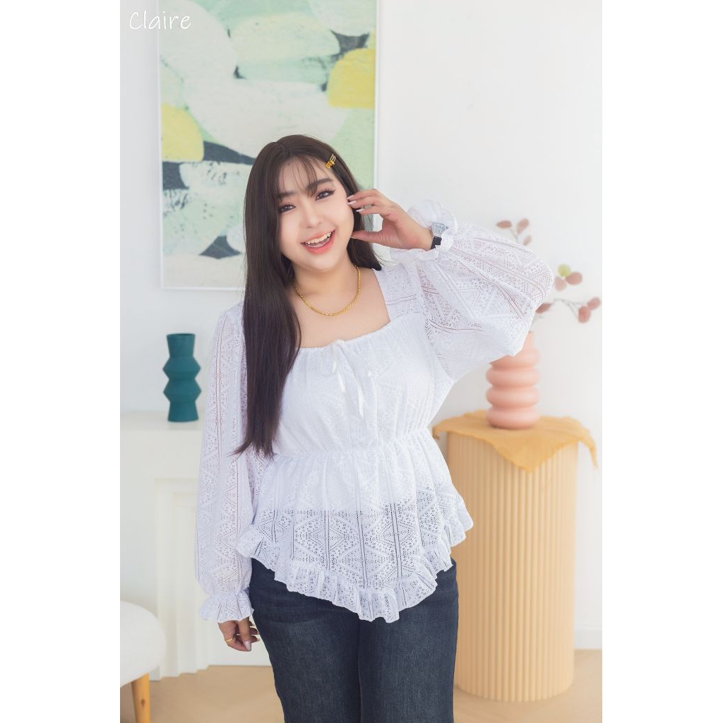 เสื้อสาวอวบ รุ่นชายวี เอว S พรางหุ่นสับ ผ้าฉลุอัดลาย นุ่มนิ่มยืด สวย น่ารัก ต้องมี