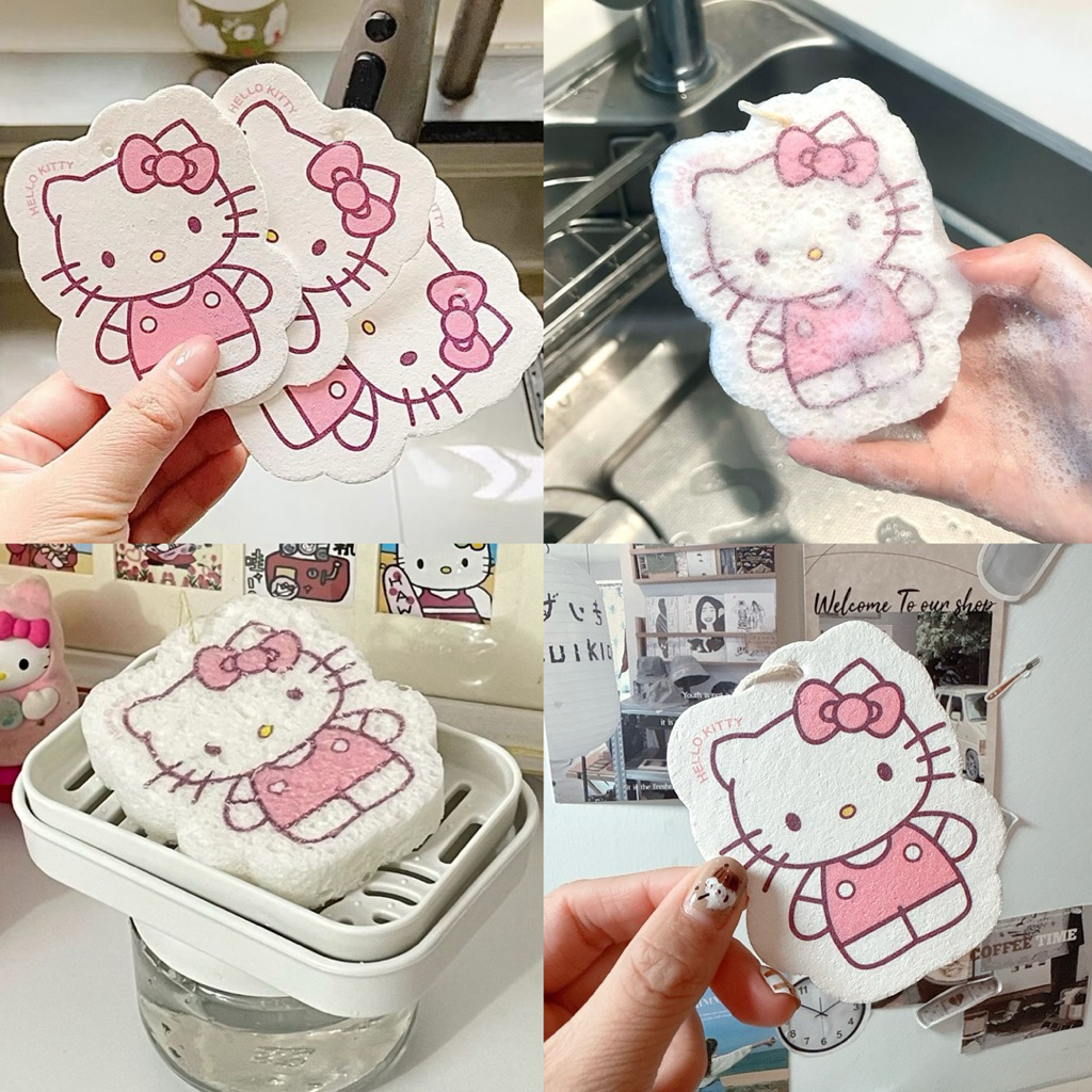 พร้อมส่ง💗 ฟองน้ำล้างจาน Kitty คิตตี้ ฟองน้ำเยื่อไม้ไผ่ บีบอัด dishwashing sponge ฟองน้ำน่ารัก 60077
