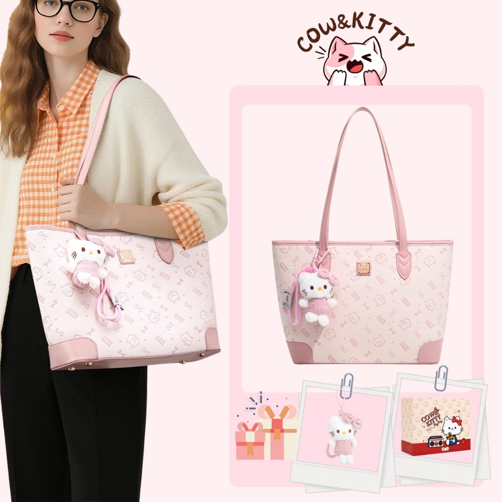 กระเป๋า tote bag Cow&Kitty ความจุใหญ่ ใส่โน๊ตบุ๊ค 13.6 นิ้วได้ หนัง PU กันน้ำ กระเป๋าสะพายไหล่ผู้หญิง แถมฟรีกล่อง