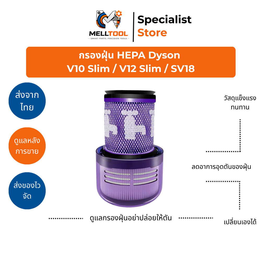 กรองฝุ่น HEPA Filter Dyson V8 Slim / V12 Slim | อะไหล่ทดแทน | ส่งจากไทย