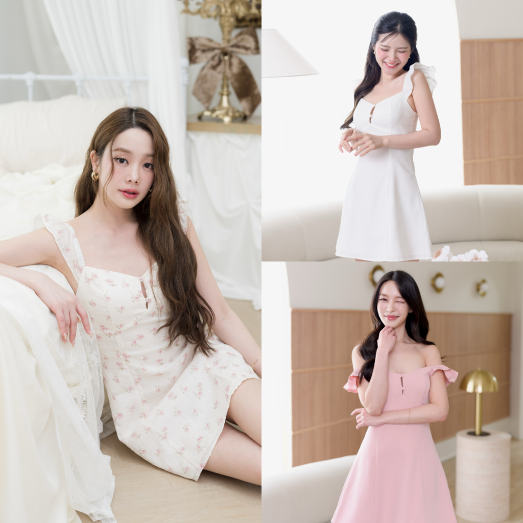 Pirunya - Mini Dress 40 เดรสสั้น มินิเดรส ปาดไหล่ แขนกุดระบาย แต่งกระดุมอก