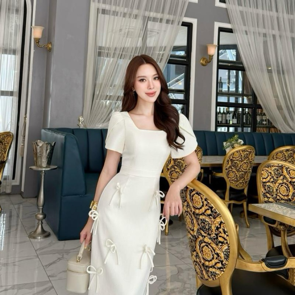 ชุดเดรสสีครีมอ่อนประดับโบว์#ชุดทำบุญ#ชุดเพื่อนเจ้าสาว