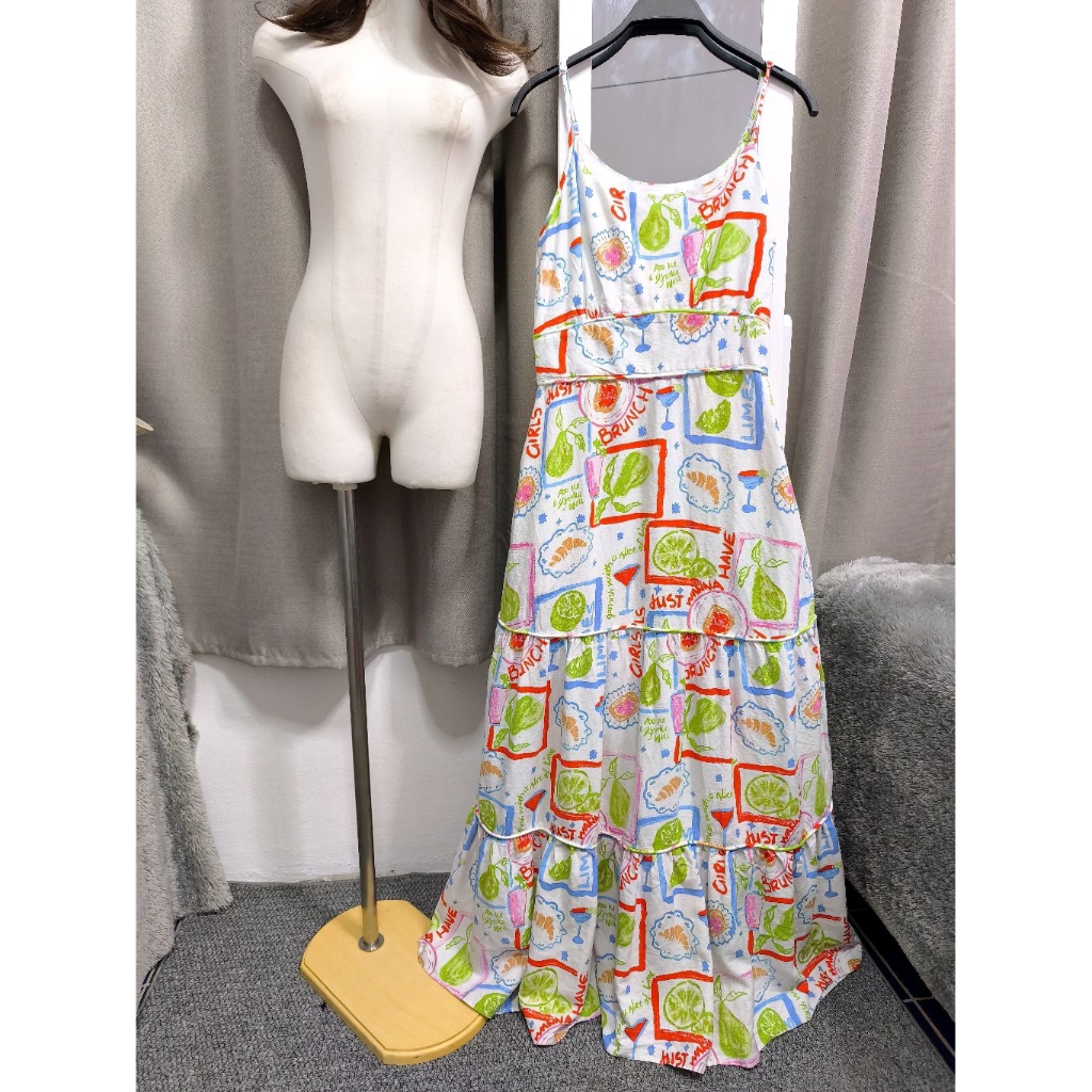 Cynthia Rowley Linen Dress ชุดเดรสยาว ผ้าลินินผสม พิมพ์ลายสดใส