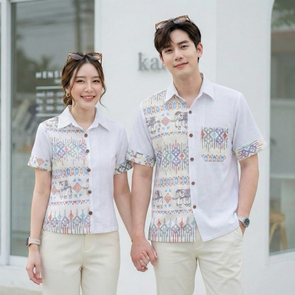 เสื้อพื้นเมืองคอเชิ้ตทูโทน คู่ ชาย/หญิง ลายช้าง