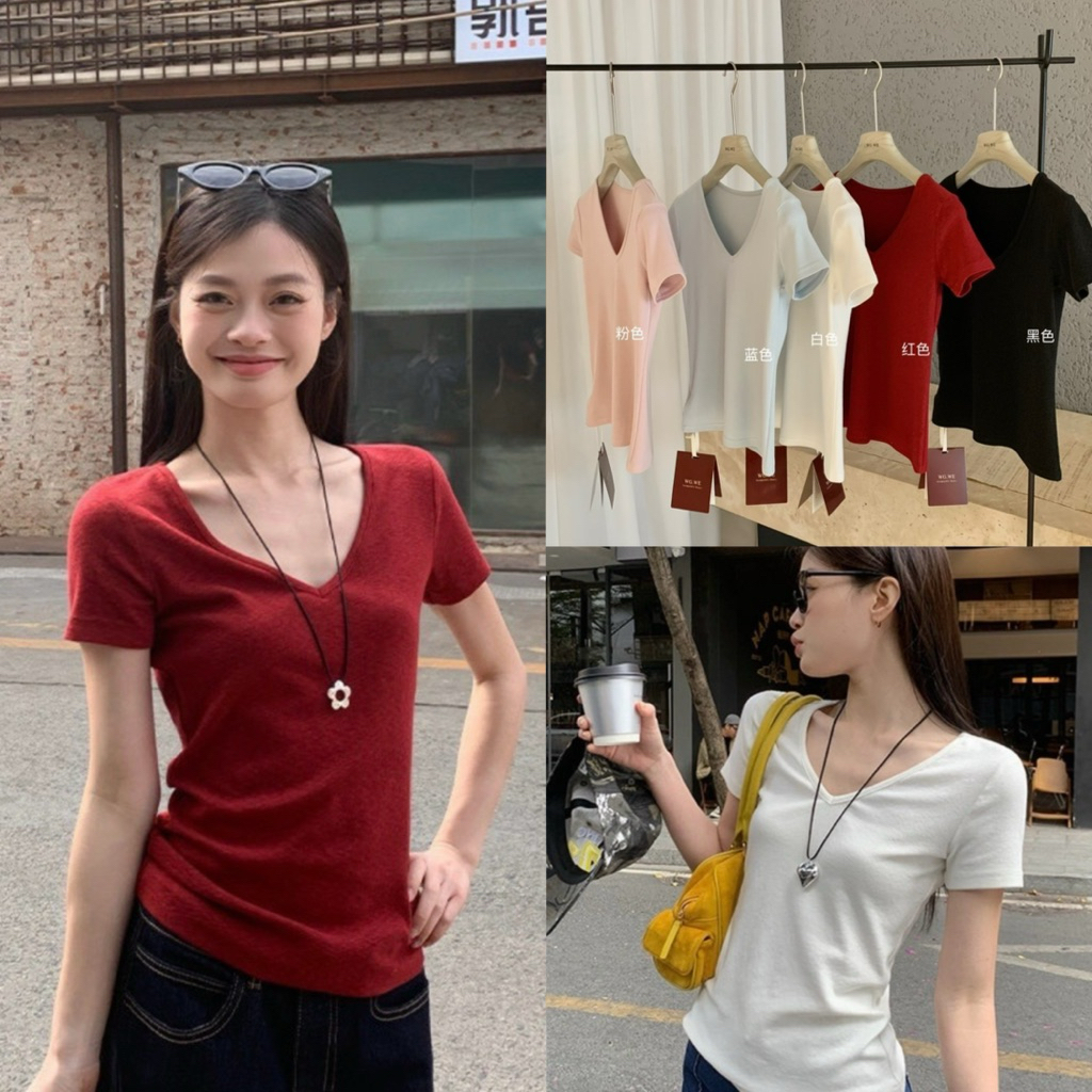 9000# เสื้อคอวีแขนสั้น เนื้อผ้ายืดหยุ่นได้เยอะ งานสวย TAG:WG.WE 🇰🇷