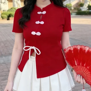 เสื้อครอปตรุษจีน ผู้หญิงสไตล์จีน ทรงเข้ารูป