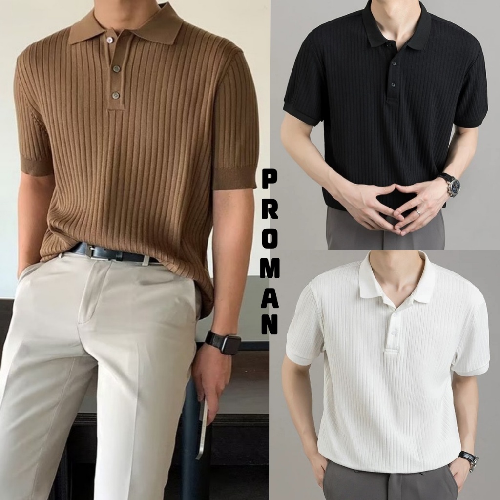 PROMANเสื้อโปโลผู้ชายลายทางแนวตั้ง  พักผ่อน  oversize  เสื้อยืดแขนสั้นแบบเรียบง่าย  แฟชั่นผู้ชาย  แฟชั่น