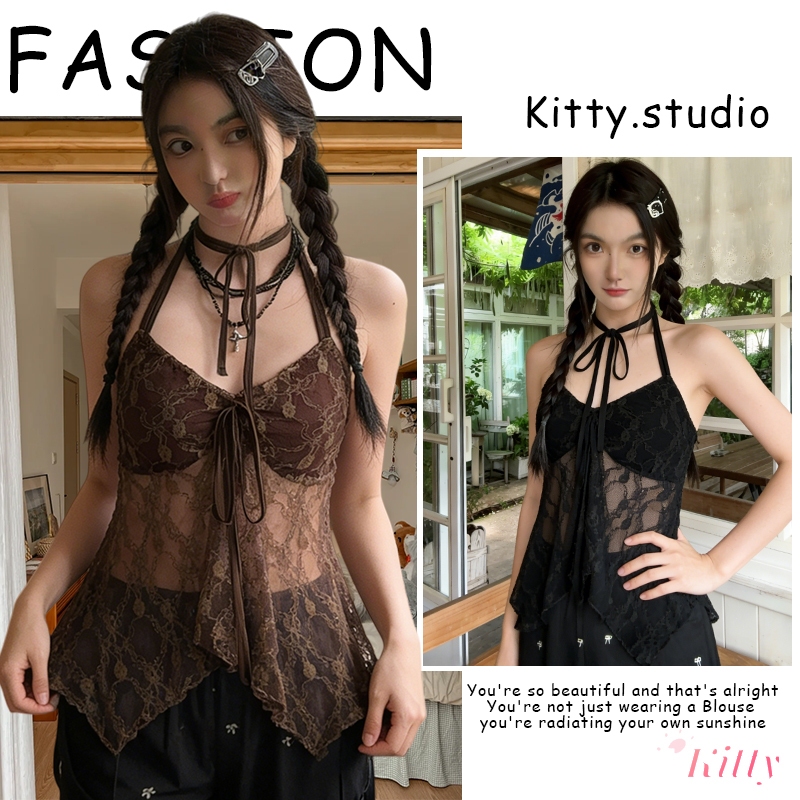 Kitty พร้อมส่ง🌸เสื้อ สายเดียว ผ้าลูกไม้ คอวี ดีไซน์โบว์ น่ารัก เสริมฟองน้ำ แขนกุด เสื้อครอป ทรงเข้ารูป สไตล์สาวฮอต