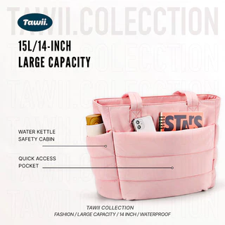 Tawii. กระเป๋าผ้า Puffy tote ผู้หญิง น้ำหนักเบา กันน้ำ ระเป๋าถือขนาด 14 นิ้ว มีหลายช่อง