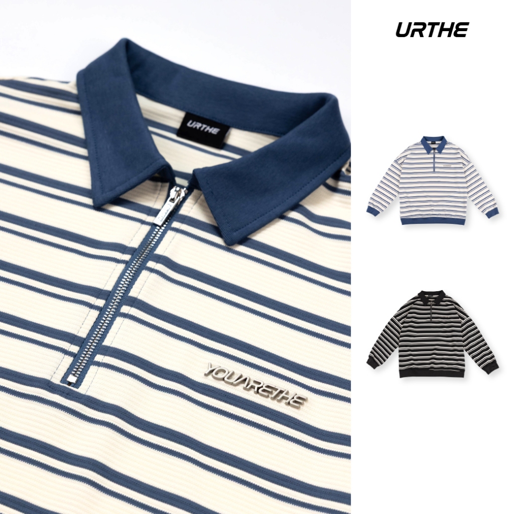 URTHE - เสื้อโปโล เสื้อแขนยาว Oversize รุ่น MODERN STRIPE LSLV POLO SHIRT