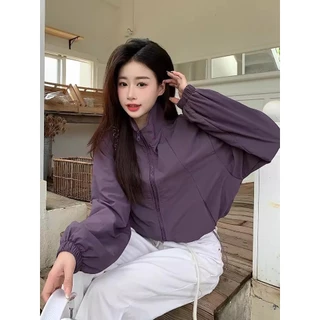 Beryl เสื้อแจ็คเก็ตลําลองเสื้อกันลมแจ็คเก็ต เชือกรูด มีซิปกันน้ําสําหรับผู้หญิง เสื้อคลุมสั้น เรียบง่ายทันสมัยสไตล์เกาห