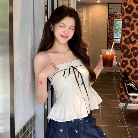 ผู้หญิง สีขาว ลูกไม้ไม่มีสายรัดไหล่ เสื้อกล้าม สไตล์เกาหลีพักผ่อนเสื้อ – โปรปัง