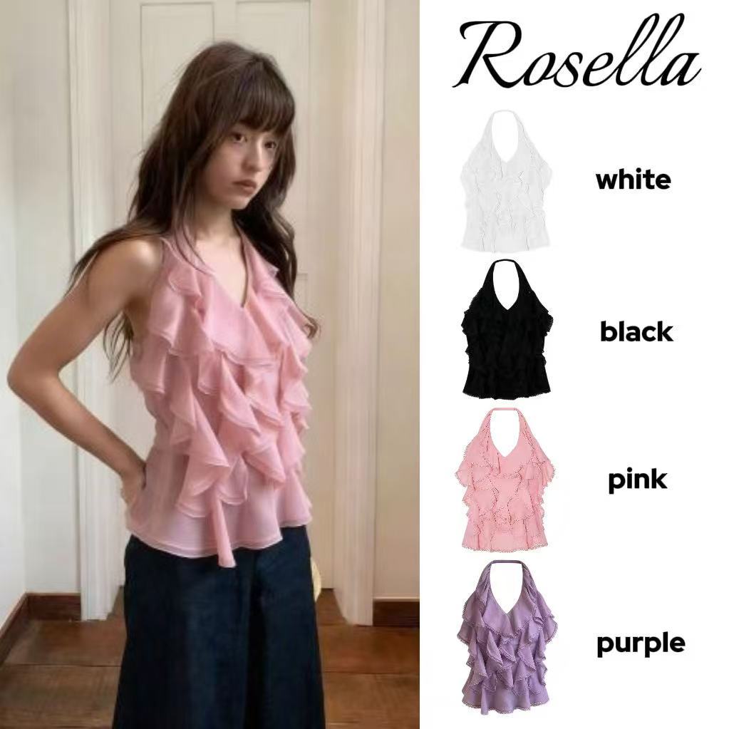 Rosella【สินค้าใหม่👗】เสื้อสายเดี่ยวเปิดหลังผ้าลูกไม้ระบายสไตล์ใหม่สำหรับฤดูร้อน สำหรับผู้หญิง ดีไซน์คอวีคล้องคอสุดเก๋