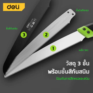 Deli เลื่อยตัดกิ่งไม้ เลื่อยโค้งตัดกิ่งไม้ SK5 ไม่เป็นสนิม พร้อมปลอก ด้ามกันลื่น Pruning Saw