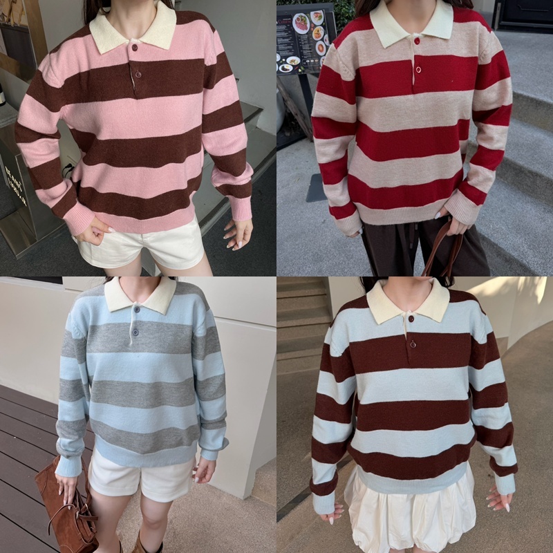 งานป้าย Valinda ** เสื้อแขนยาวคอโปโลผ้าทอลายทางใหญ่