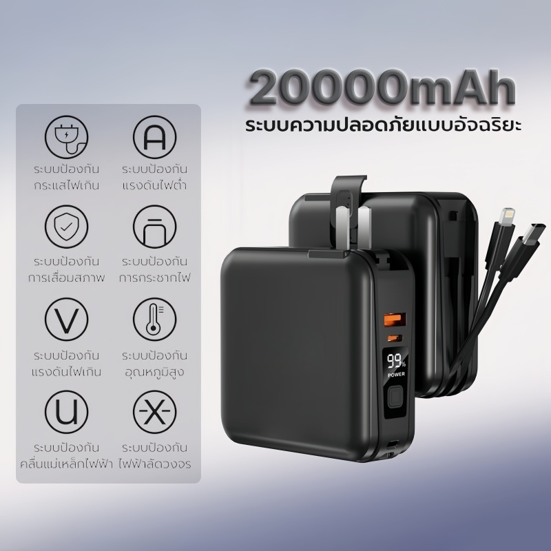 ACNIC CCC [รับประกัน 2 ปี] W1501 Powerbank 20000mAh  ชาร์จเร็ว PD20W มีสายในตัว หน้าจอ LED