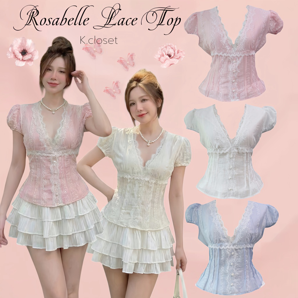 (อก30-38)เสื้อคอวีแขนตุ๊กตาน่ารัก ใส่เข้ารูปสวยมาก ซี่บางพิมพ์ลายฉลุลูกไม้(อกถึง38) Rosabelle  Lace Top(ผ้าบาง)