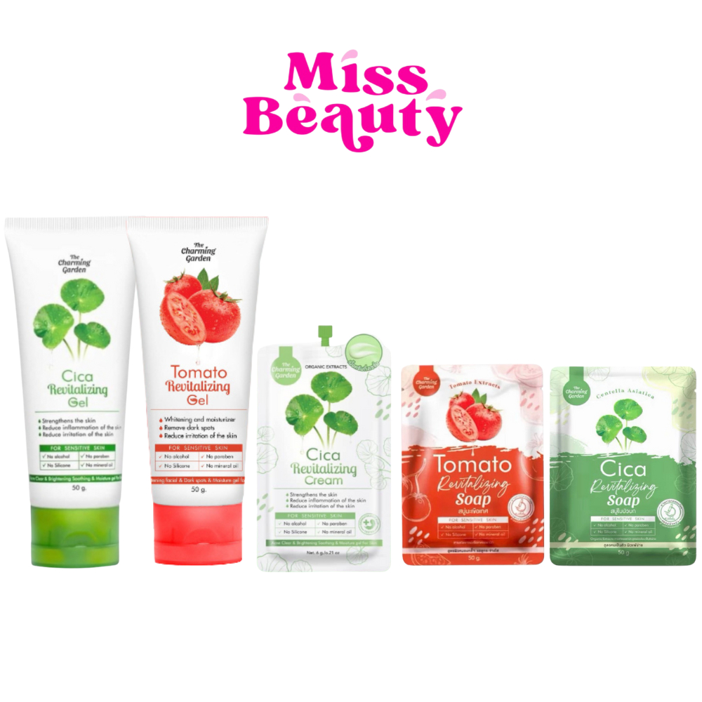 Cica Revitalizing Gel เจลกู้ผิว ใบบัวบก🍀เจล 50 g. & สบู่ 50 g. & ครีม 6 g. 🍀 The charming garden 50 g.