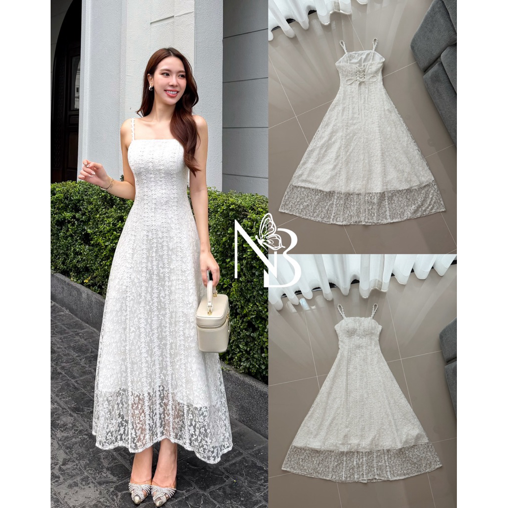 𝐍𝐀𝐁𝐈 𝐁𝐑𝐀𝐍𝐃 เดรสยาวสายเดี่ยวลูกไม้ ผ้าลูกไม้อย่างดี ใส่ซับในยาวทั้งชุด ช่วงอกเสริมฟองน้ำ ด้านหลังปรับสายได้ค่ะ