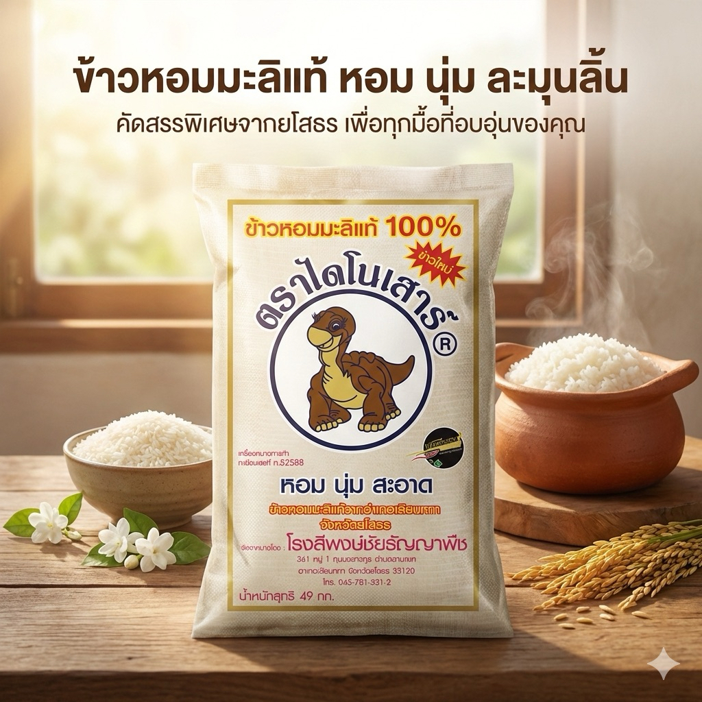 ข้าวหอมมะลิใหม่  ตราไดโนเสาร์ ขนาด 49 กิโล หอม นุ่ม อร่อย
