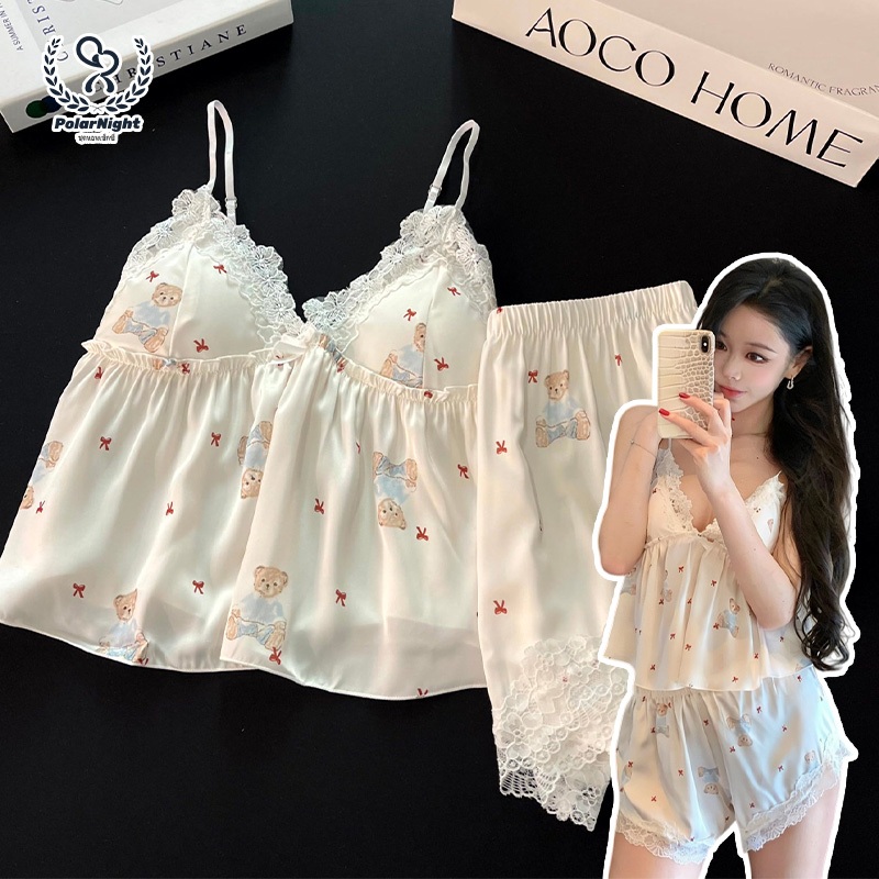 Polar_night💕💕ลวดลายการ์ตูน ชุดอยู่บ้าน มีบราในตัว คอวี ชุดนอนผ้าซาติน ลูกไม้เซ็กซี่ คุณภาพสูง ส่งไวจากไทย