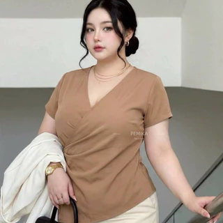 C605 🤎[S-XXXXXL] เสื้อคอวีปาดสาวอวบ-สาวผอม แขนสั้น เอวเข้ารูปพรางหุ่นอย่างดี มีลายปรับล็อคเอวด้านหลัง ใส่ทำงาน-ออกงานสวย