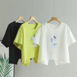 เสื้อครอปสั้นทรงหลวมทันสมัยและใส่ได้หลา Oversize เสื้อยืดแขนสั้นสำหรับผู้หญิง มี slits ด้านหลัง สไตล์ใหม่สำหรับฤดูร้อน