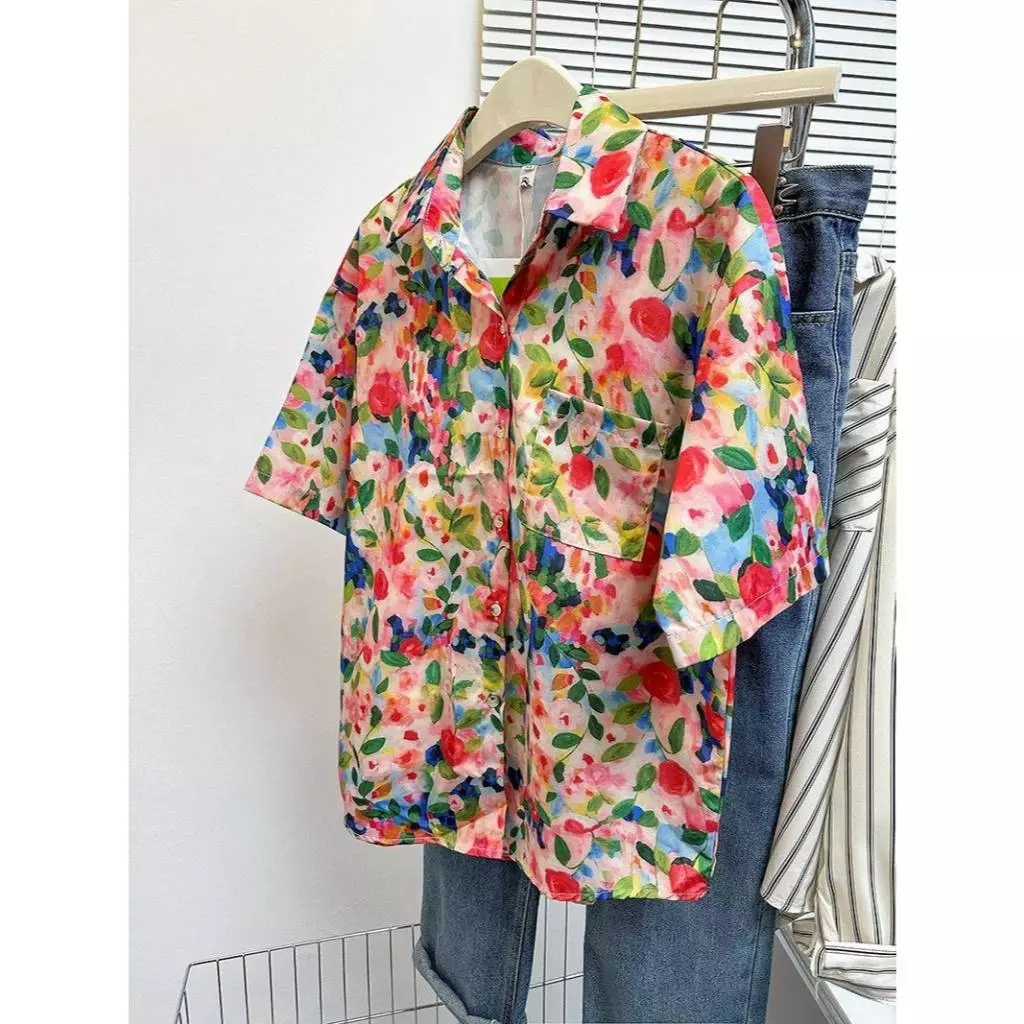 berylstore เสื้อลายดอกสงกราน แขนสั้น คอวี สไตล์ฮาวาย thumbnail 5