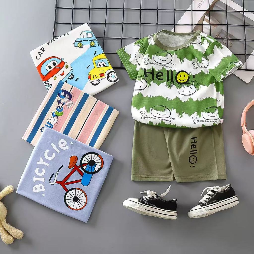 EY08 ชุดเสื้อยืดแขนสั้นและกางเกงขาสั้นสำหรับเด็กในฤดูร้อน