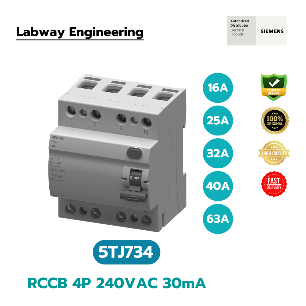 SIEMENS 5TJ7344-0 RCCB Type AC 40A, 4P, 30mA