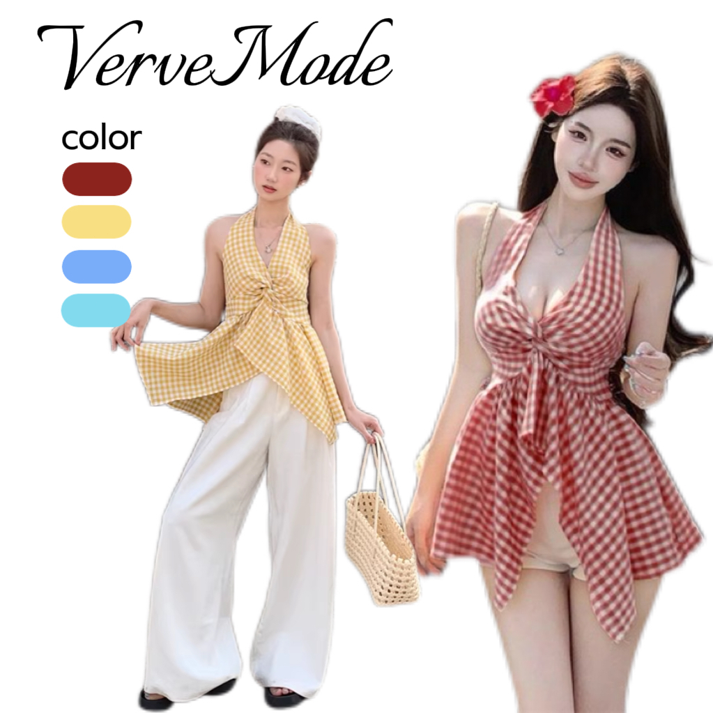 VerveMode.🍓จัดส่งในประเทศไทย🍓เสื้อสายเดี่ยวคอวีลายสก็อตสไตล์ฝรั่งเศสสำหรับผู้หญิง ดีไซน์เอวไม่สมมาตรสำหรับฤดูร้อน เสื้อต